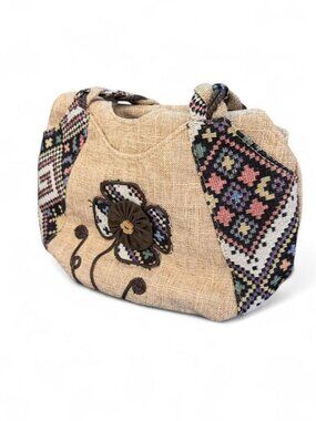 Boho Woven Burlap Handbag Tribal Flower Appliqué